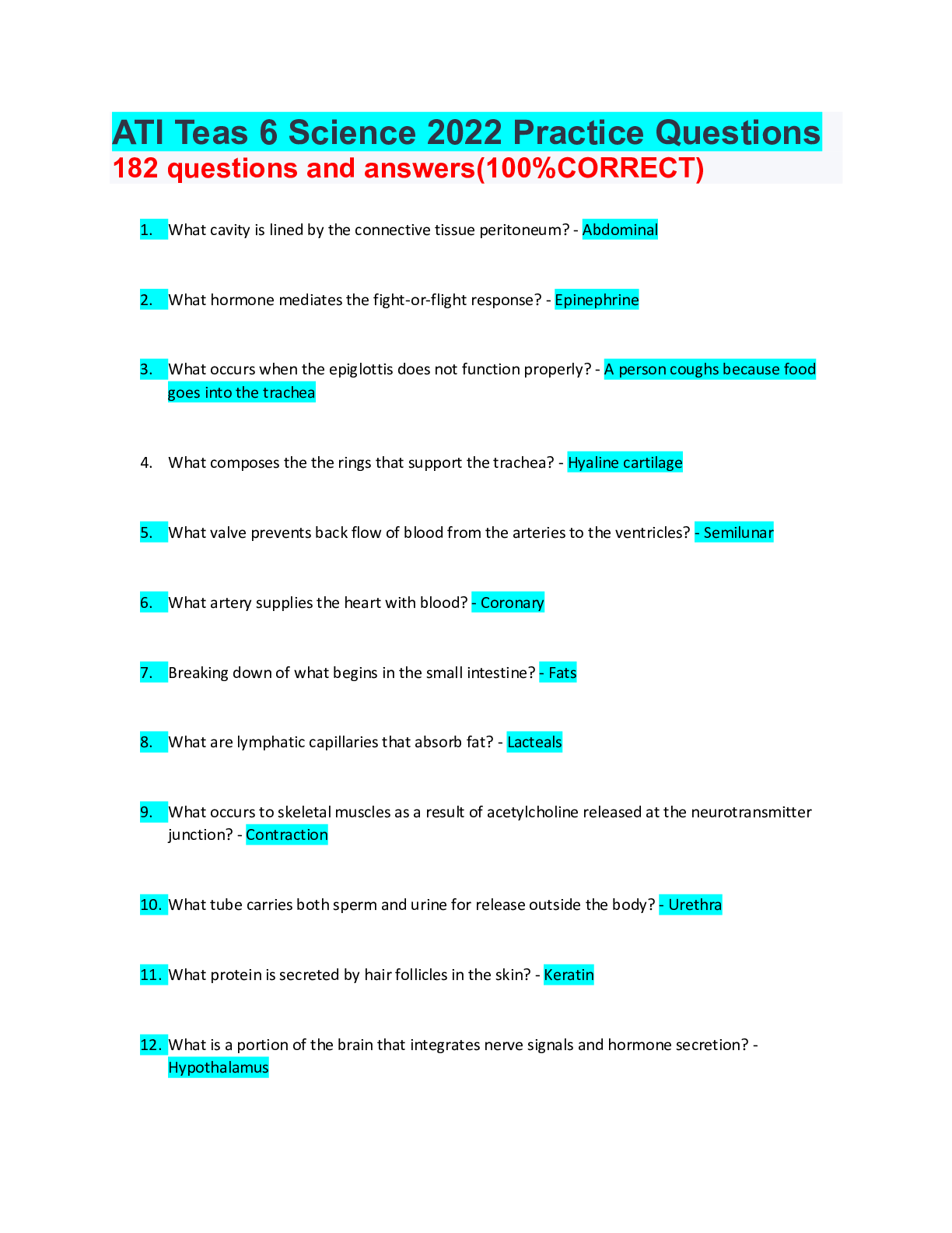 Preview of ATI Teas 6 Science 2022 Practice Questions 182 questions and answers(100%CORRECT)